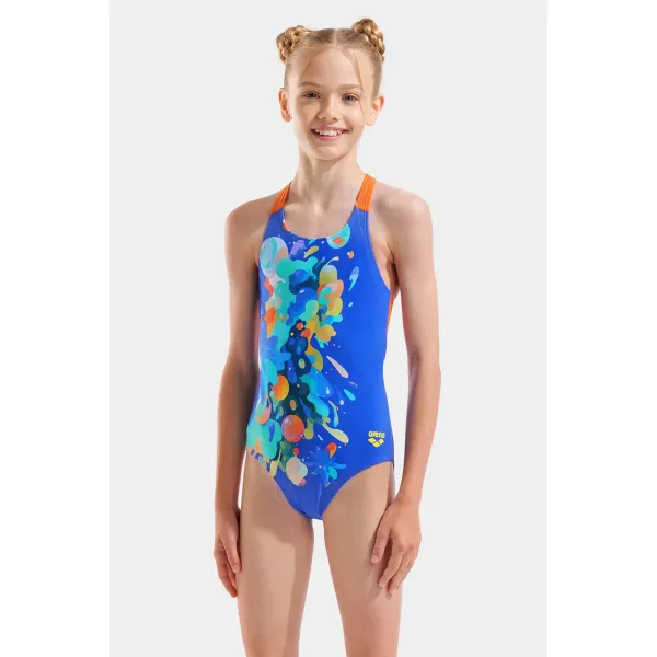 Купальник для плавання Arena PAINTING SWIMSUIT V BACK дитячий, синій із кольоровим принтом 010744-830
